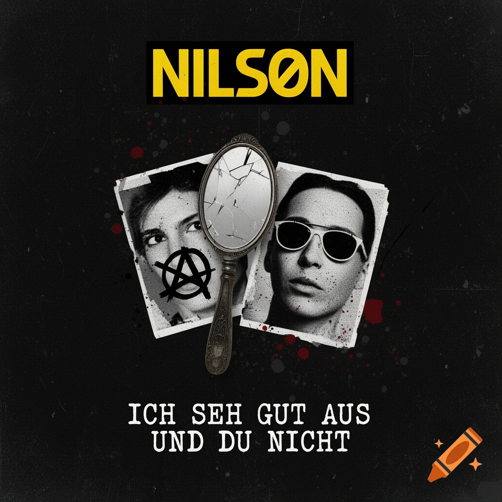 A black and yellow album cover featuring the band name NILSON with a stylized O as a Ø. Below, two black and white photos of faces are shown, one with an anarchy symbol over the mouth, next to a broken hand mirror. The text "ICH SEH GUT AUS UND DU NICHT" is at the bottom.