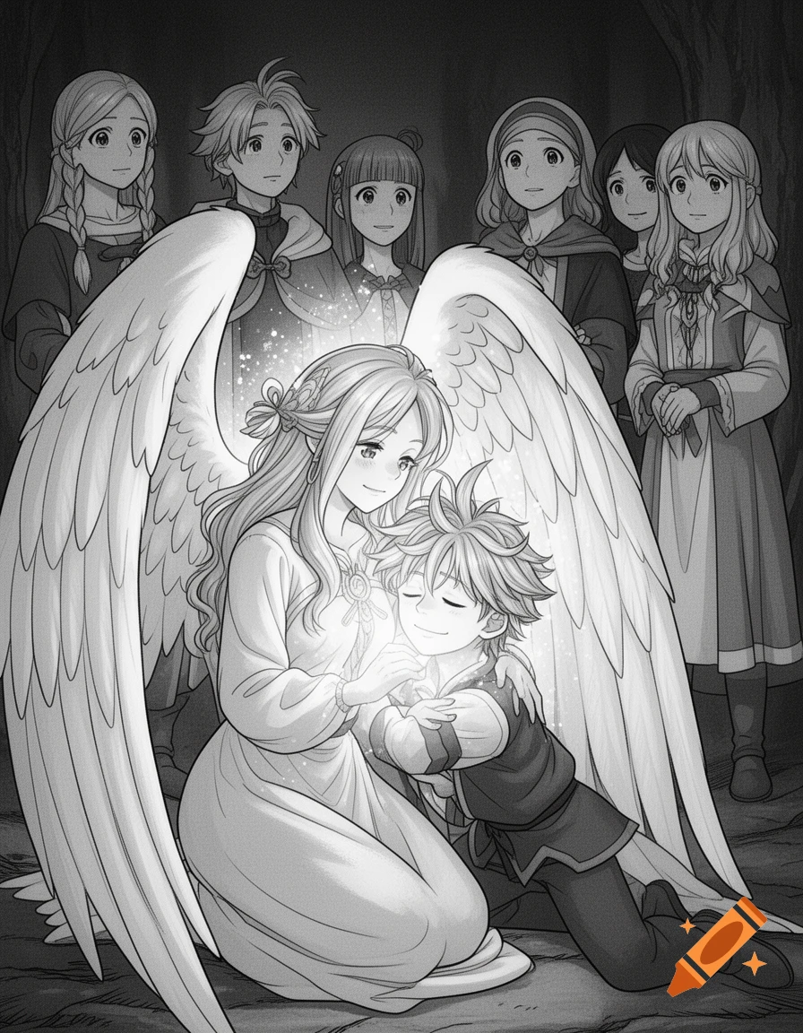 Black and white manga illustration of an angelic woman with large wings kneeling and embracing a boy, surrounded by other characters watching in the background.