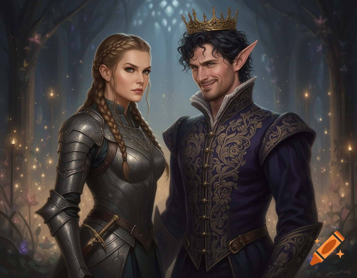 Digital fantasy painting of a serious woman in dark armor next to a smirking man with elf ears and a crown in a magical court.