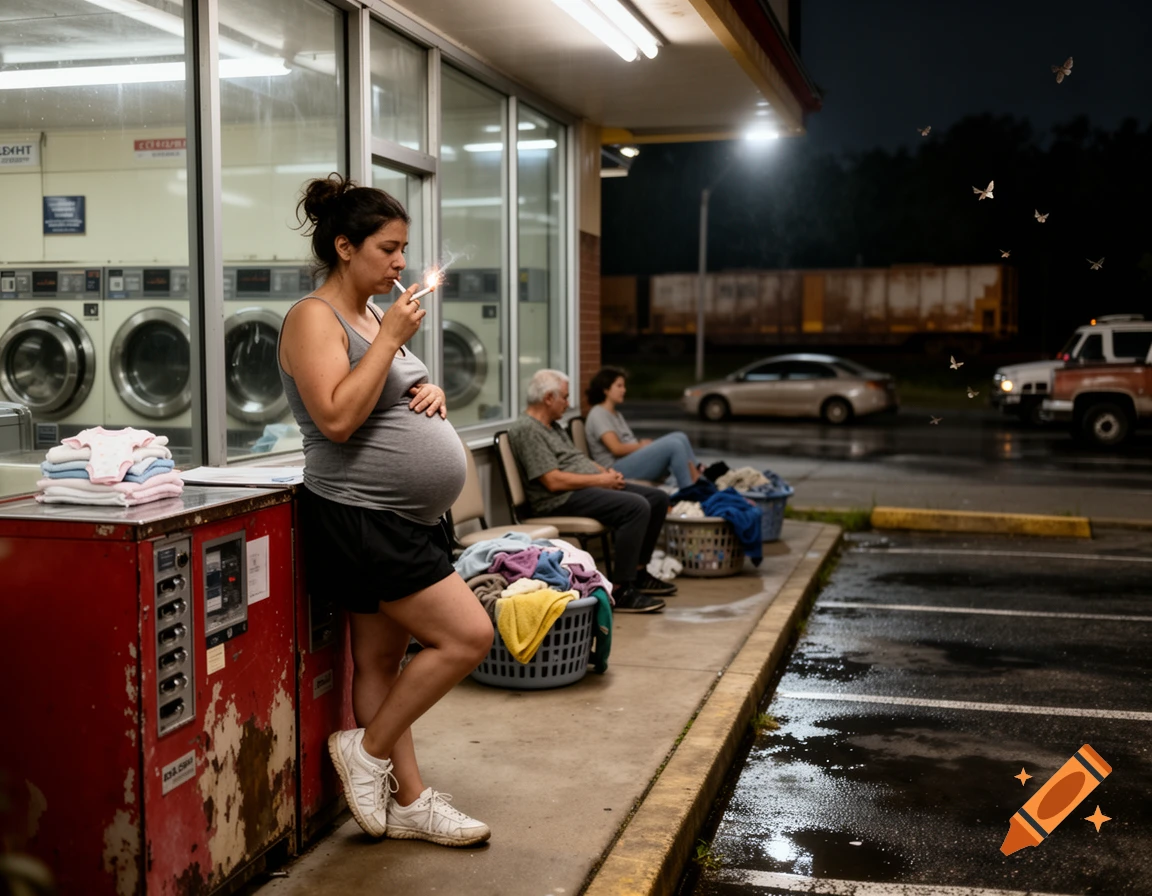 A pregnant woman in a tank top smokes outside a laundromat at night; moths fly near a wet parking lot with cars.