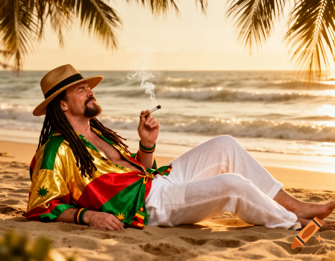 A man with dreadlocks and a straw hat in a reggae-colored shirt smokes a joint on a sunny beach.
