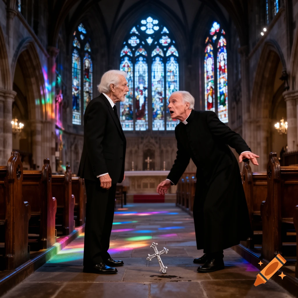 Two elderly men, one a priest, look at a fallen cross on the stone floor of a grand church with stained glass windows.