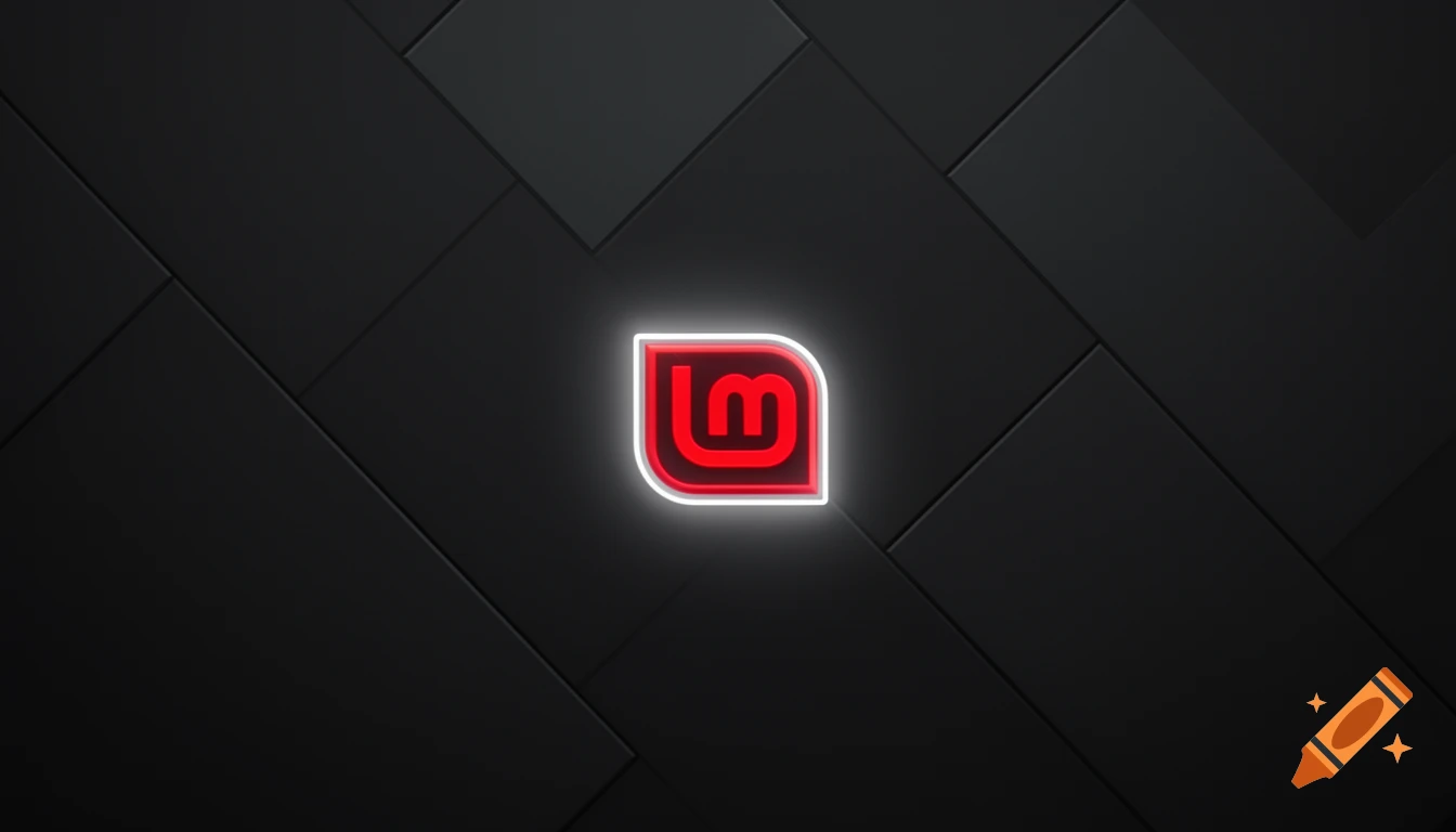 A glowing red Linux Mint logo with a white neon outline on a dark gray geometric tiled background.
