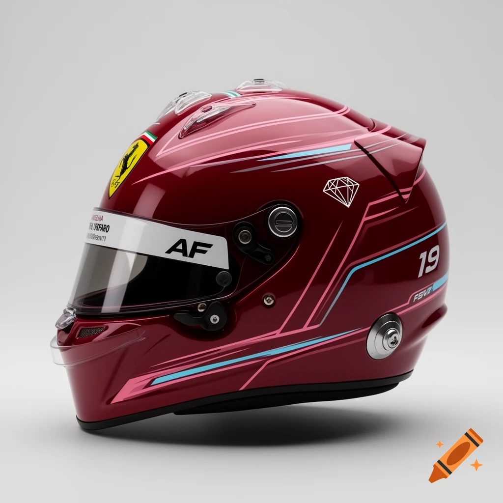 A glossy deep Ferrari red Formula 1 racing helmet with pink and baby blue accents, a diamond symbol, 'AF' initials, and the number '19'.