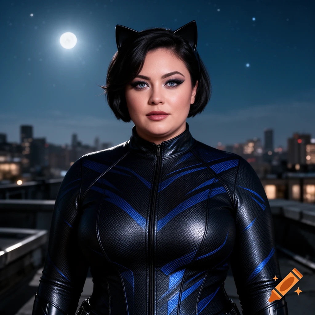 A plus-size woman in a black and blue Catwoman suit and cat ears stands on a rooftop at night under a full moon.