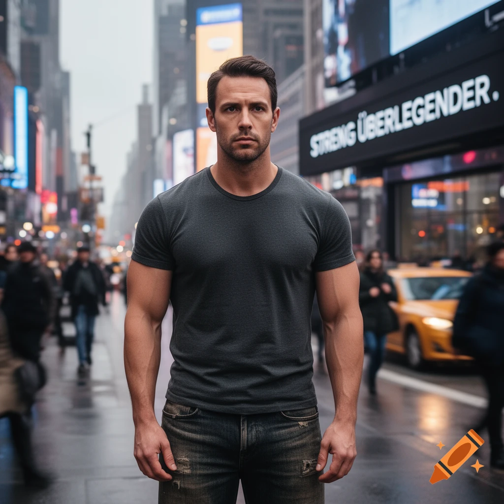 A photorealistic image of a muscular man in a dark t-shirt and jeans standing on a rainy city street with blurred people and buildings in the background.