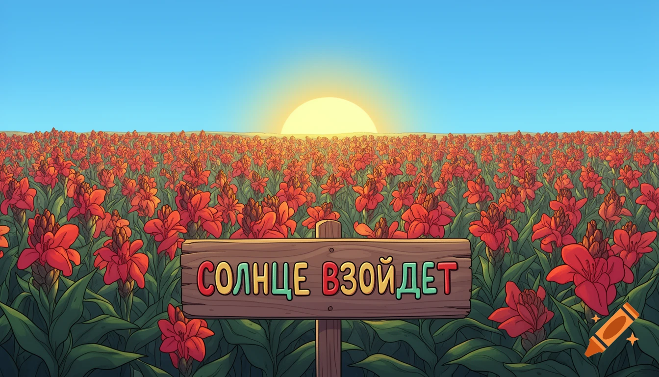 A cartoon landscape featuring a vast field of red canna flowers under a clear blue sky, with a bright sunrise on the horizon and a wooden sign that reads "СОЛНЦЕ ВЗОЙДЕТ".