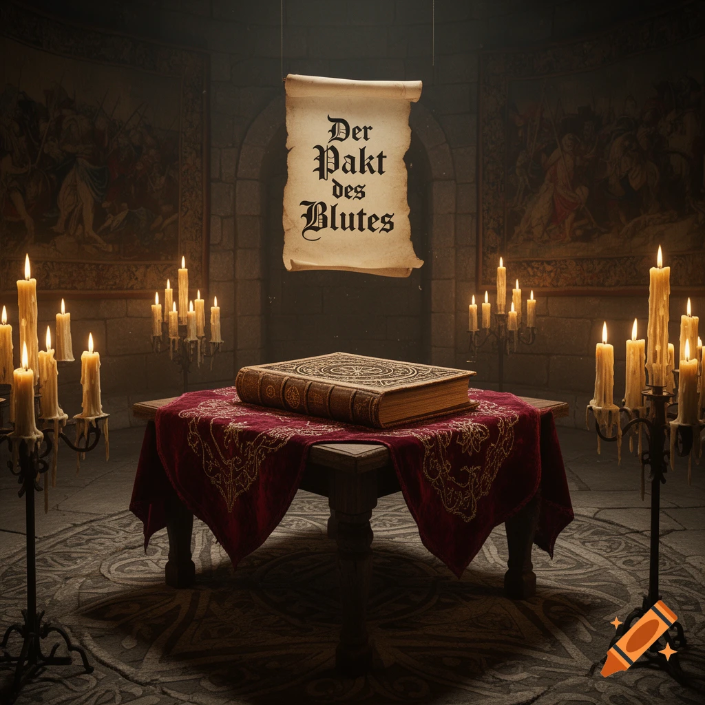 A mystical scene with an old, ornate book on a red velvet cloth, surrounded by many lit candles, and a floating scroll displaying 'Der Pakt des Blutes' in a dark stone room.
