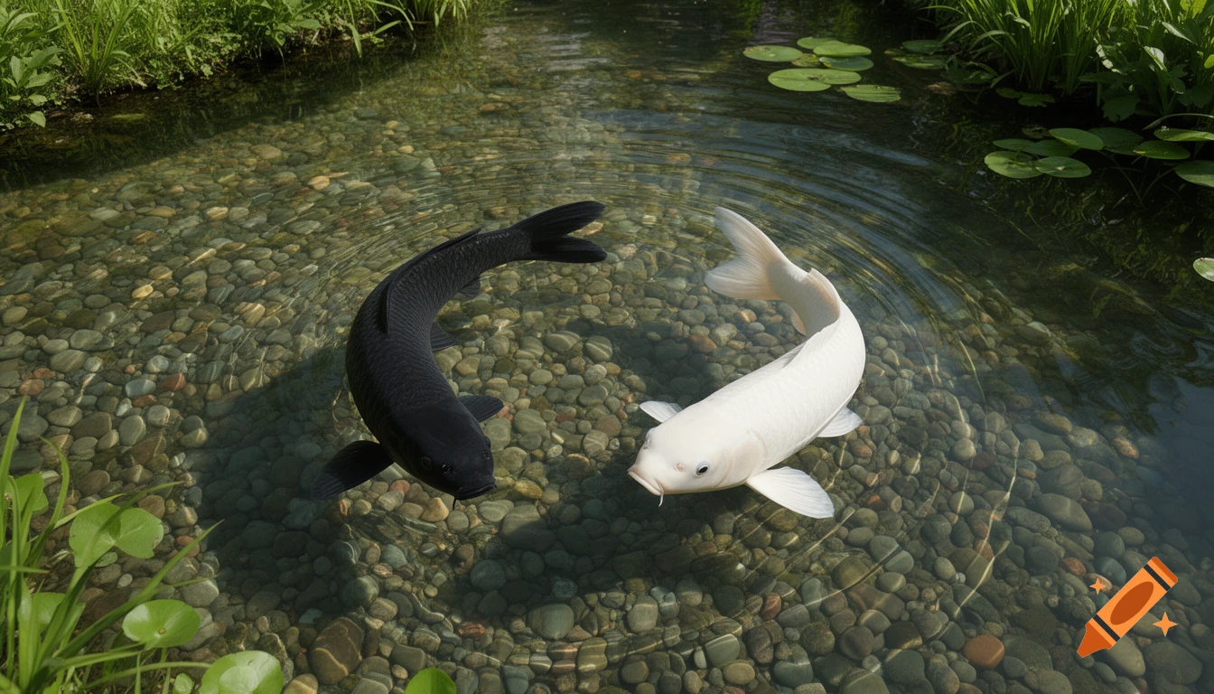 Photorealistic image of a black and a white koi fish swimming in a clear, shallow pond with visible pebbles and green plants.