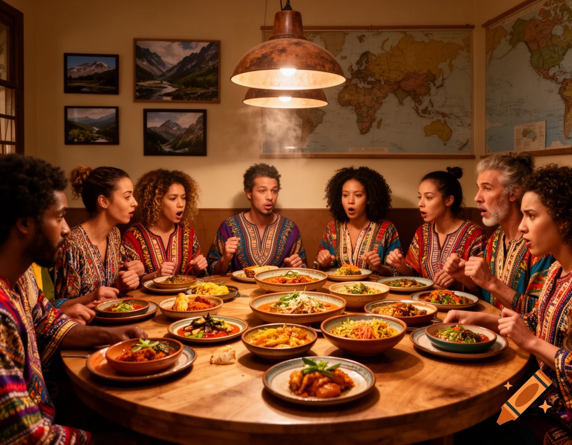 A diverse group of people with surprised expressions gathered around a large wooden table laden with various dishes in a cozy room.