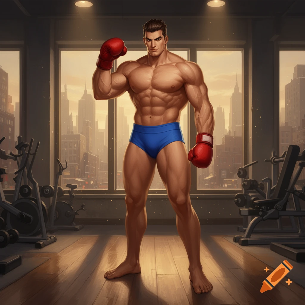 A muscular, stylized man in blue speedos and red boxing gloves poses in a gym overlooking a city.