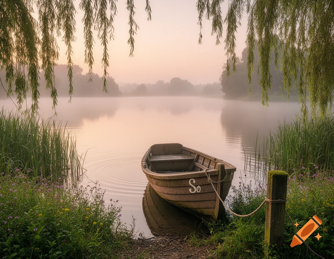 A wooden boat rests by the misty water's edge at sunrise, surrounded by tall grass and weeping willow branches hanging overhead.