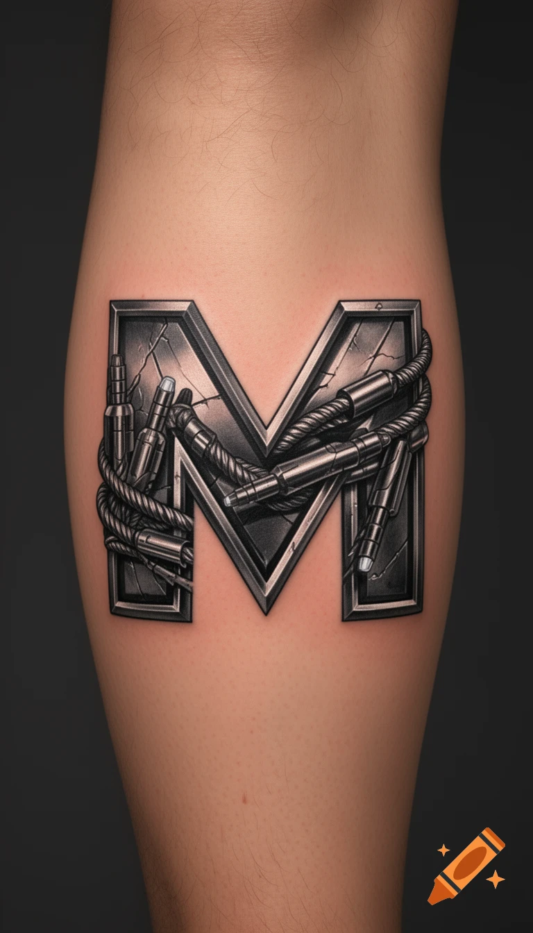 A detailed metallic letter M tattoo with cables and cracked texture on a person's leg.
