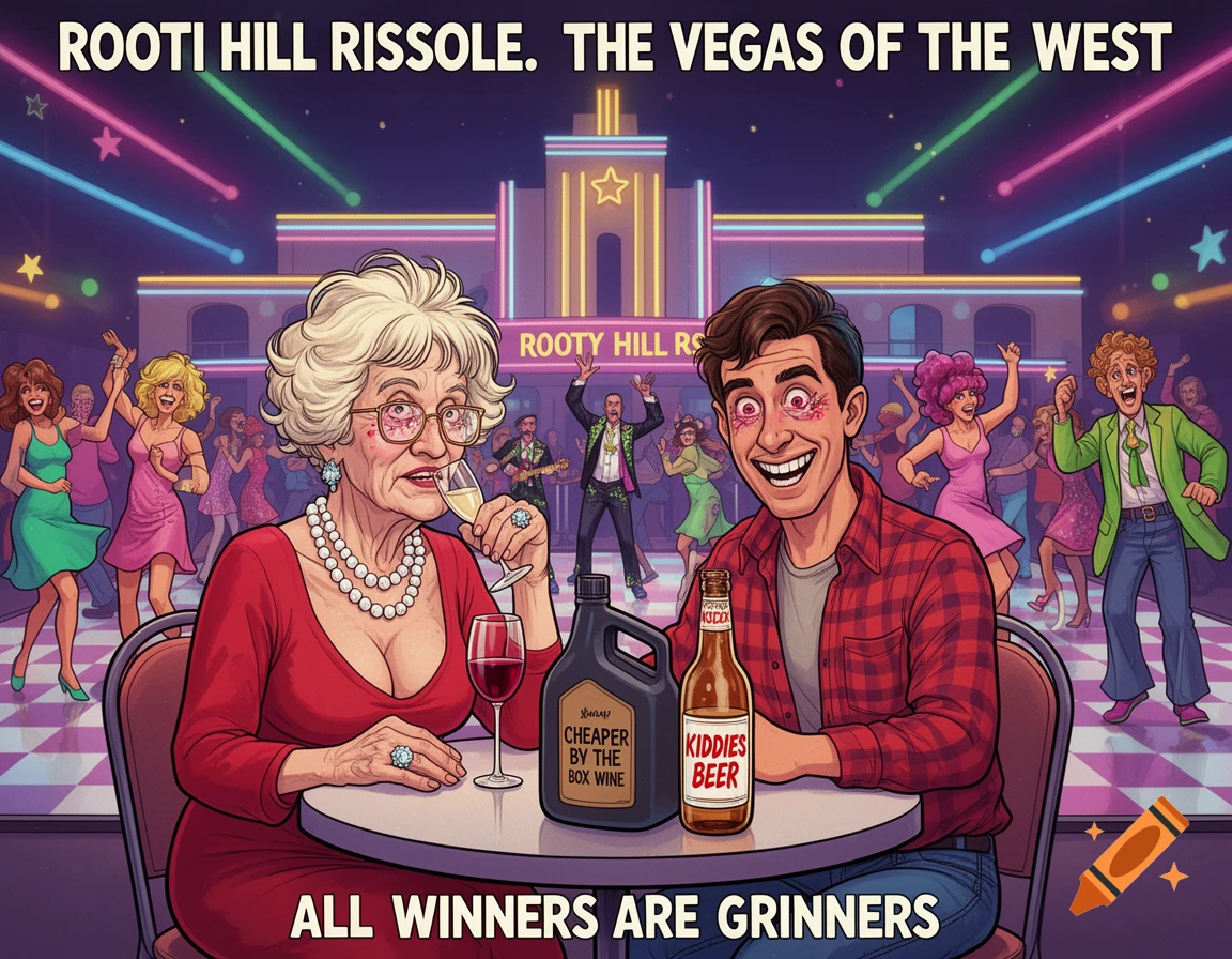 A cartoon of an elderly woman and a young man with bloodshot eyes at a table in a lively club, with text reading "ROOTI HILL RISSOLE. THE VEGAS OF THE WEST" and "ALL WINNERS ARE GRINNERS"