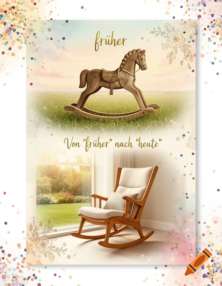 A watercolor-style greeting card with a rocking horse in a field, a rocking chair by a window, German text, and confetti.