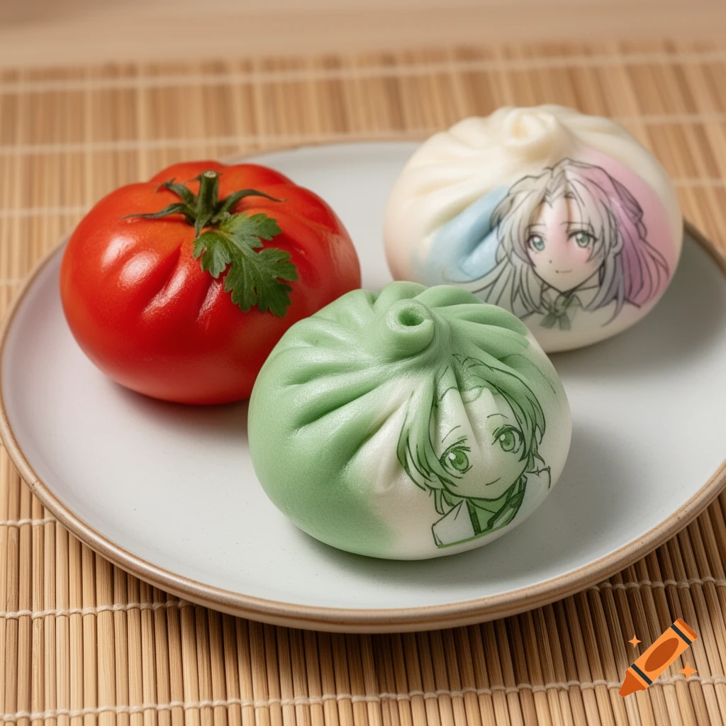 A red tomato and two bao buns decorated with anime character faces, one green and one white, on a white plate over a bamboo mat.