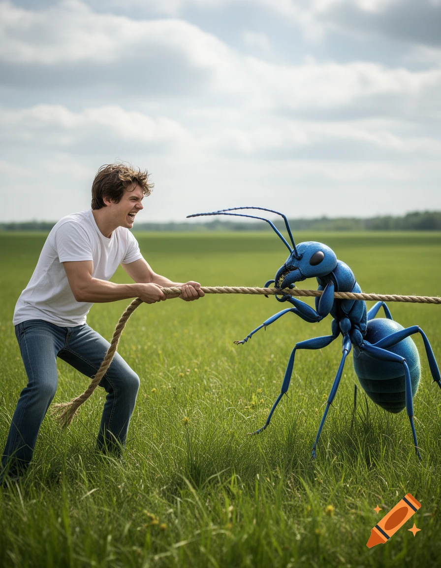 A man and a giant blue ant pull a rope in a comical tug of war across a grassy field under a cloudy sky.