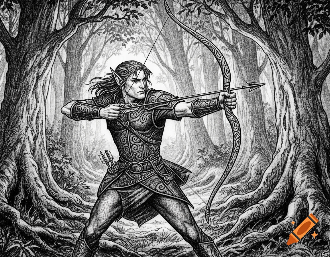 A black and white drawing of a male elf ranger in a forest, aiming a bow and arrow in the style of 1980s monster manuals.