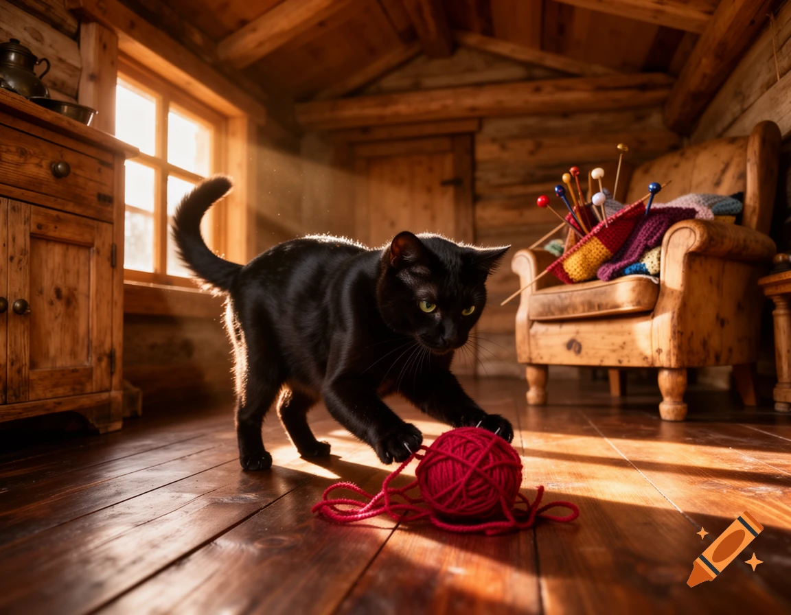 A black cat plays with a red ball of yarn on a sunny wooden floor in a rustic cottage.