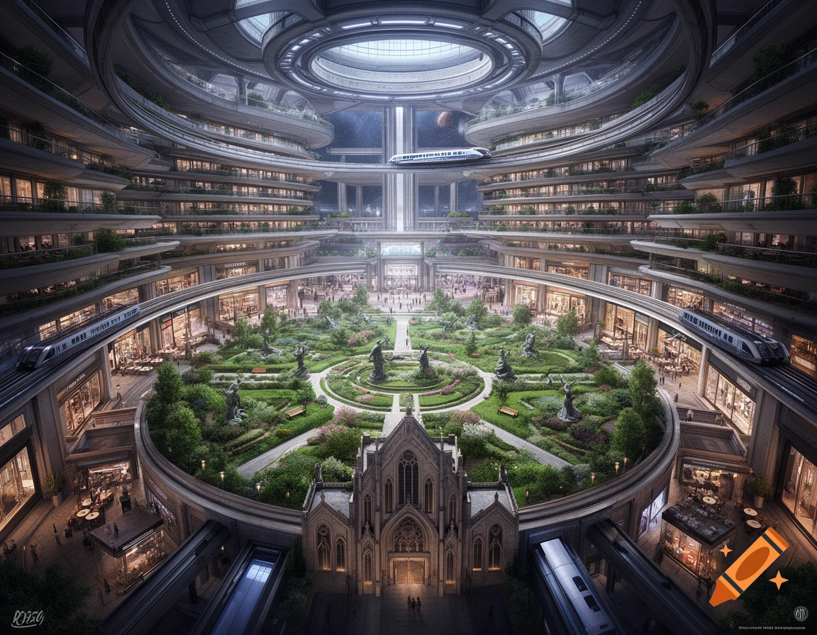 A sprawling, futuristic multi-level space station interior with a central lush garden, monorails, shops, and a grand cathedral.