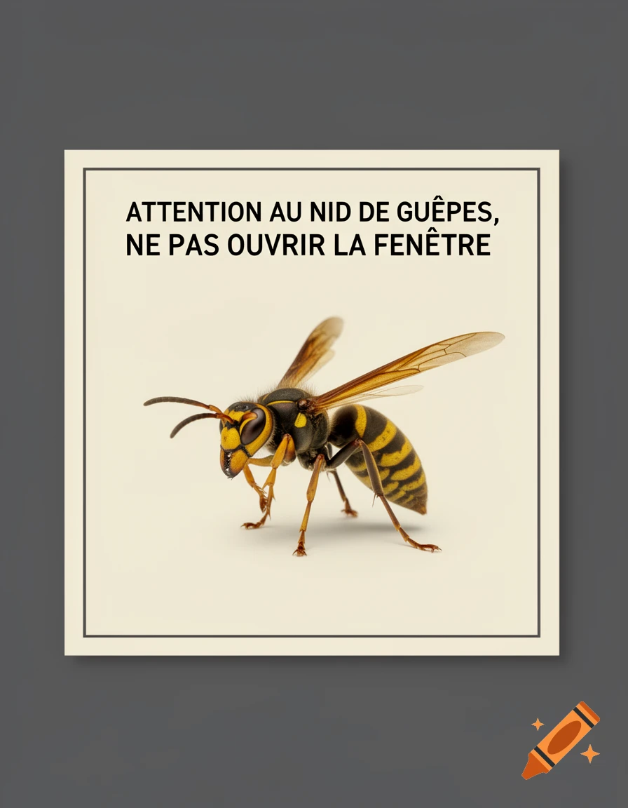 A warning poster with a detailed image of a wasp and French text: 'ATTENTION AU NID DE GUÊPES, NE PAS OUVRIR LA FENÊTRE'.