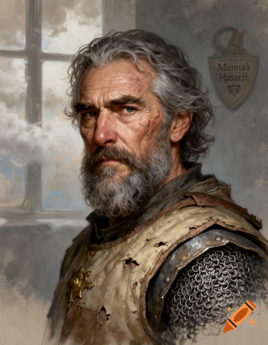 A detailed painted portrait of an elderly, weathered man with a gray beard and chainmail, looking directly forward. A window and shield are in the background.