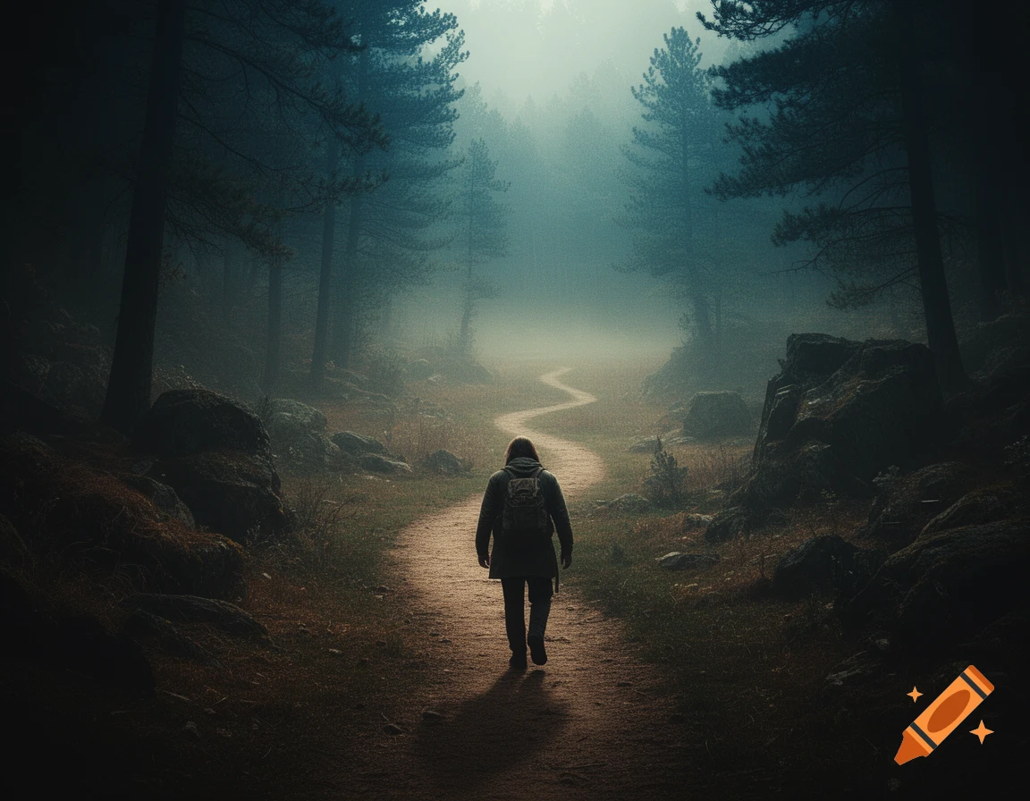 A lone hiker with a backpack walks away on a winding path through a misty, dark forest.
