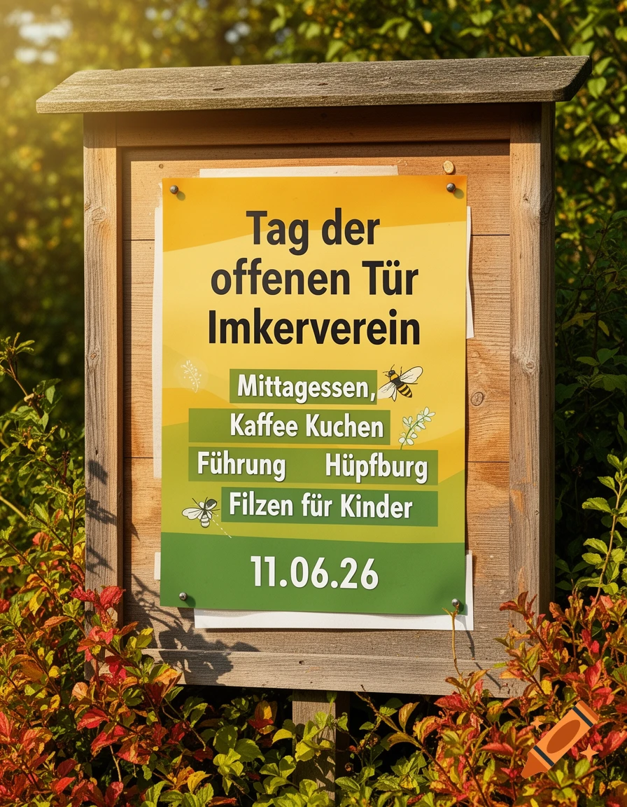 A wooden sign holds a flyer for a beekeeper's association open day, listing activities like lunch, coffee, tours, bouncy castle, and felting for kids, set against a backdrop of green and red foliage in warm sunlight.