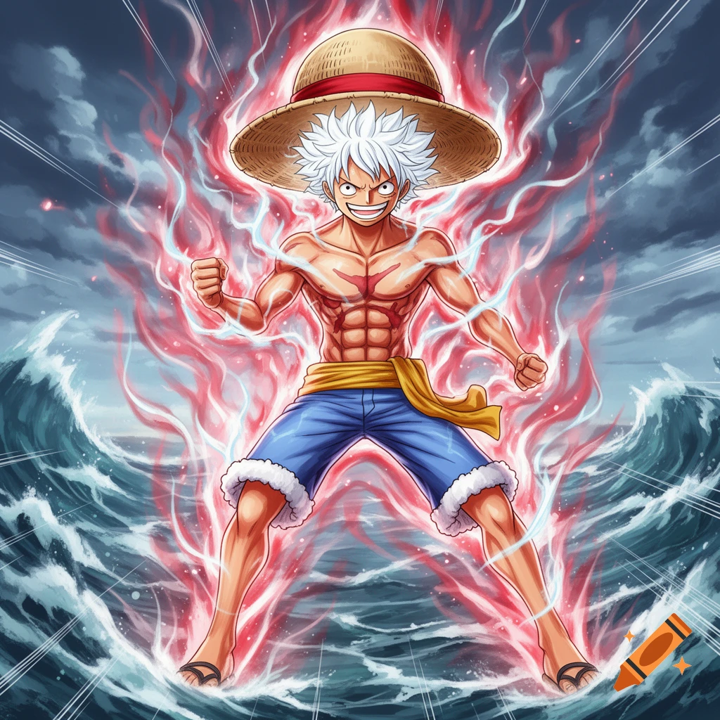 Anime character Luffy in Gear Five, with white hair, straw hat, and red energy, standing in stormy blue ocean waves.