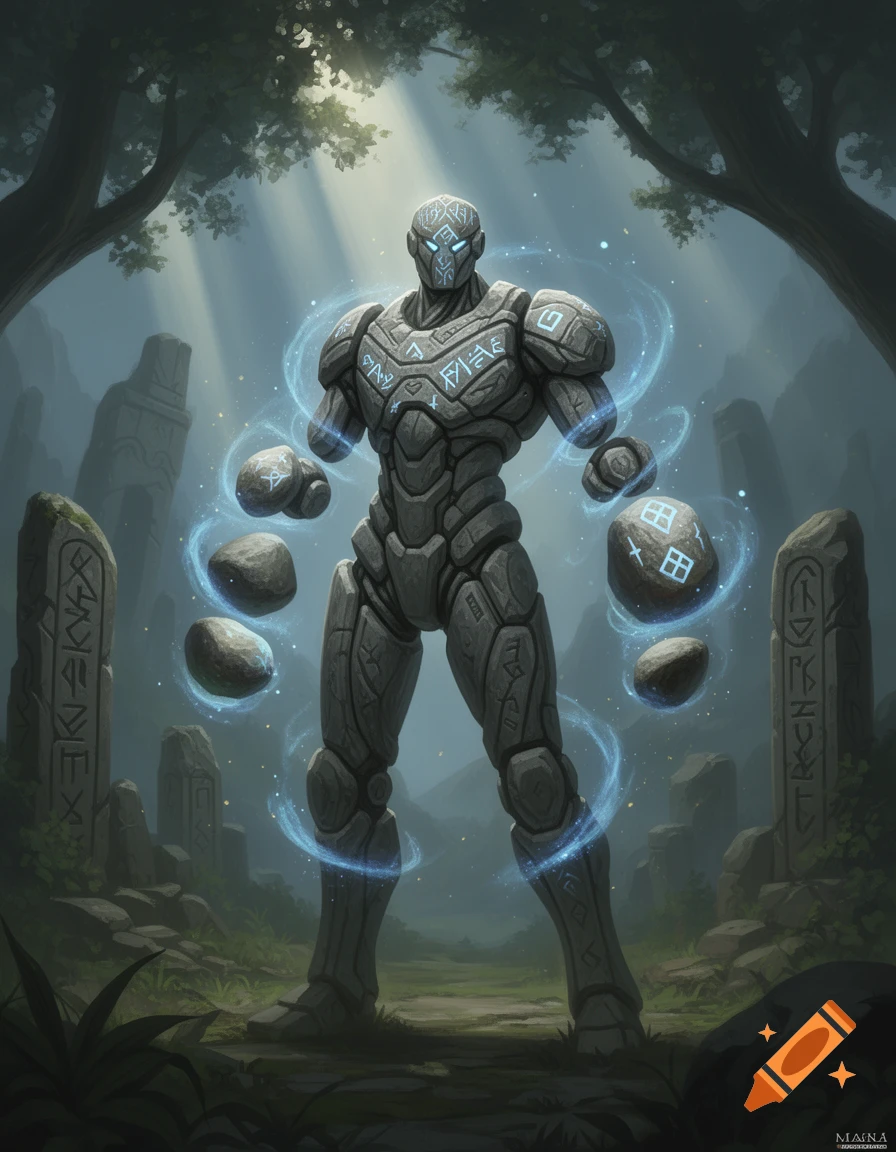 Stone warforged with glowing blue eyes and floating stone arms wreathed in blue energy, stands in a mystical forest among ancient pillars.