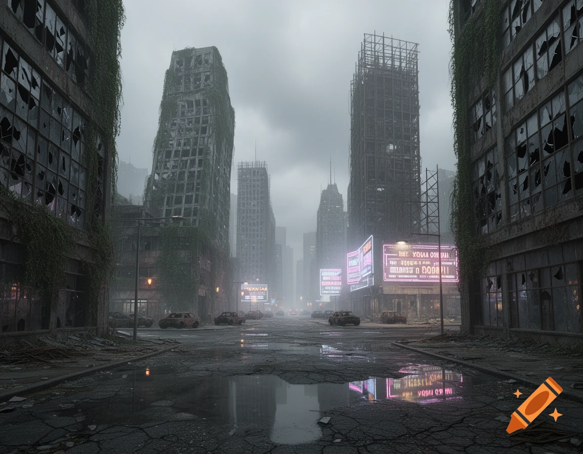 A gloomy, post-apocalyptic city street with destroyed skyscrapers, abandoned cars, and glowing neon signs reflecting in puddles on the cracked road, under an overcast sky.
