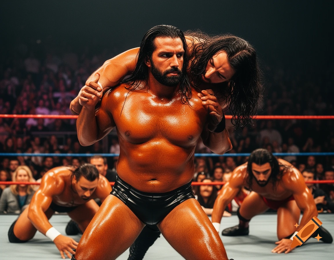 Photorealistic image of male wrestlers in a ring. A muscular wrestler with a beard carries another on his shoulders, while a third kneels.