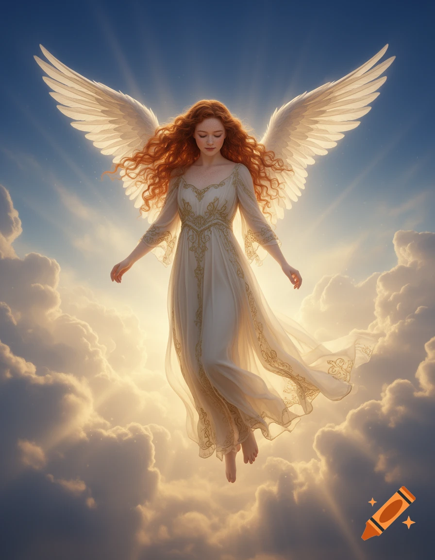 A red-haired angel with large white wings floats peacefully among golden clouds against a deep blue sky in a realistic fantasy style.