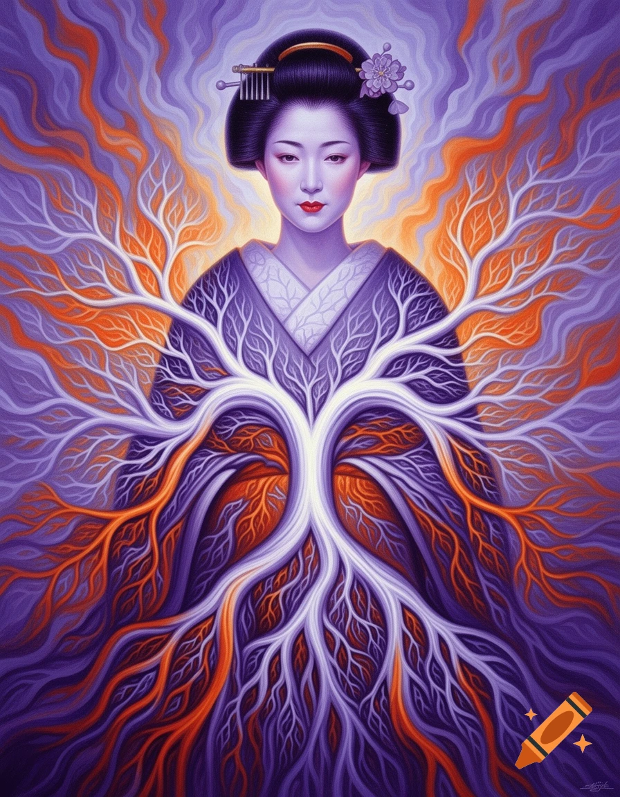 A surreal, vibrant portrait of a geisha with tree-like branches and roots emanating from her body, in shades of purple and orange.