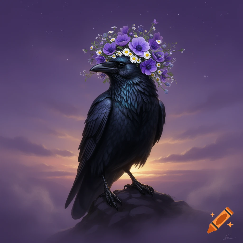 A stylized black raven with a crown of purple and white flowers sits on a rock against a twilight purple and orange sky.