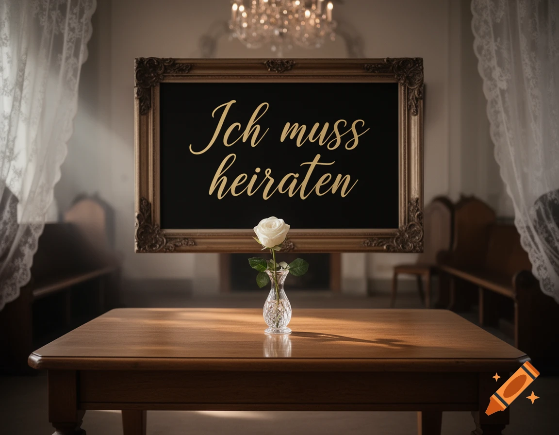 A single white rose in a crystal vase on a wooden table, in front of a framed sign with golden script saying "Ich muss heiraten" in an elegant room.