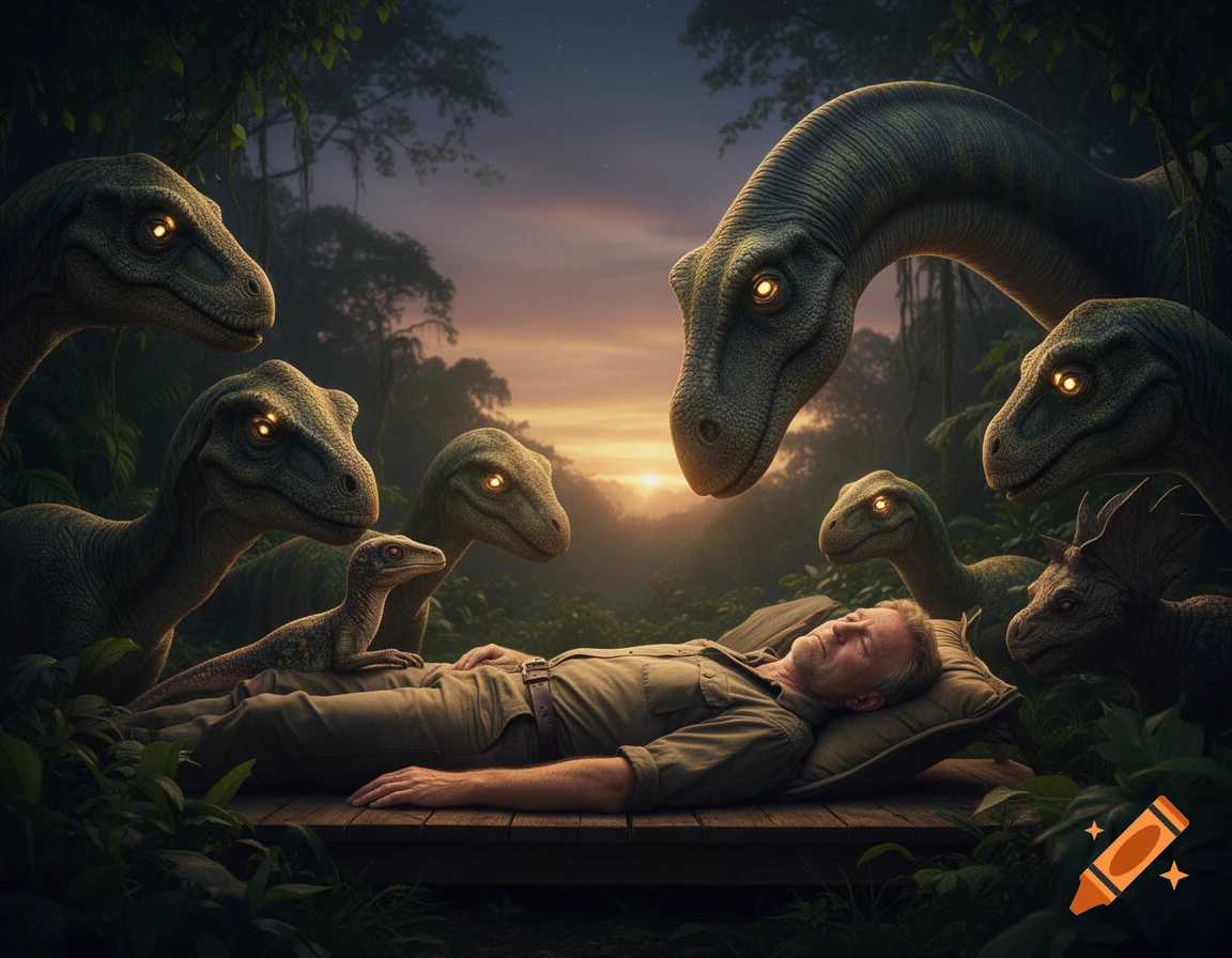 A man sleeps on a wooden platform surrounded by several dinosaurs with glowing eyes in a lush jungle at sunset.