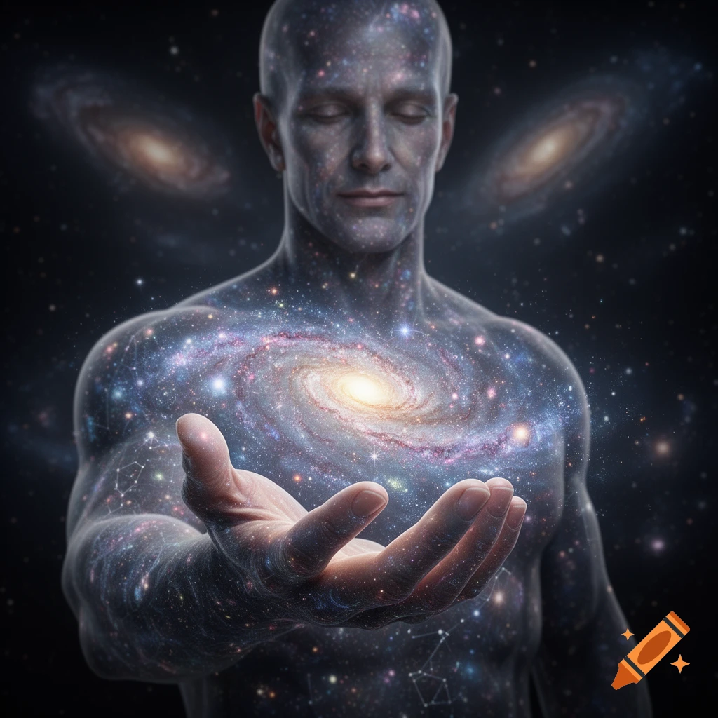 A cosmic figure with skin made of galaxies and stars, holding a swirling galaxy in an outstretched hand.