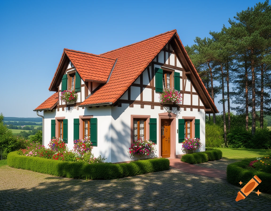 A picturesque half-timbered house with a red tiled roof, green shutters, and flower boxes, surrounded by a lush garden.