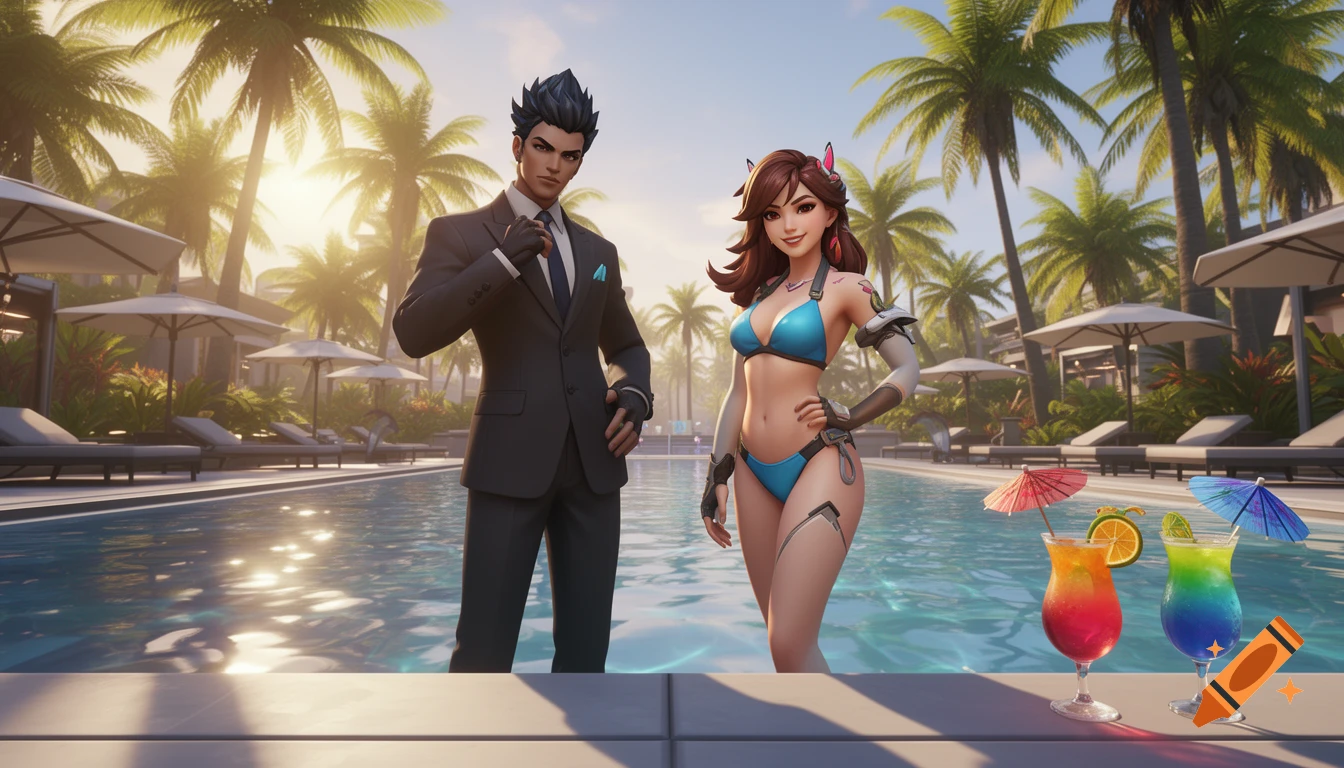 Stylized illustration of a man in a suit and a woman in a blue bikini standing by a pool at a tropical resort with palm trees and cocktails.