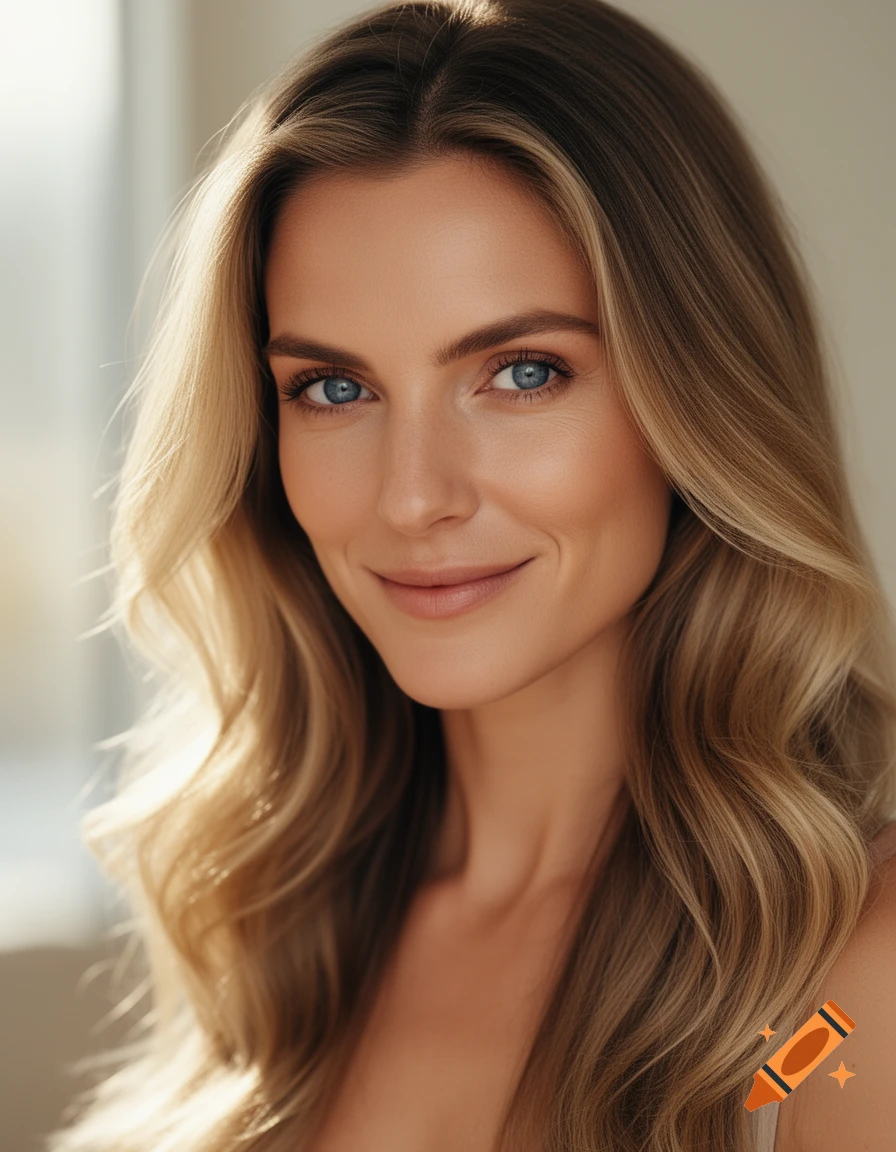 Close-up photorealistic portrait of a smiling natural blonde woman with blue eyes and long wavy hair.