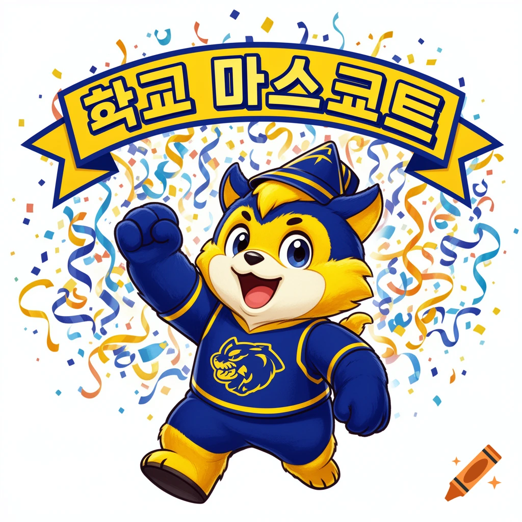 A cheerful blue and yellow cartoon school mascot in uniform and wizard hat, raising a fist amidst confetti, with a Korean banner above.