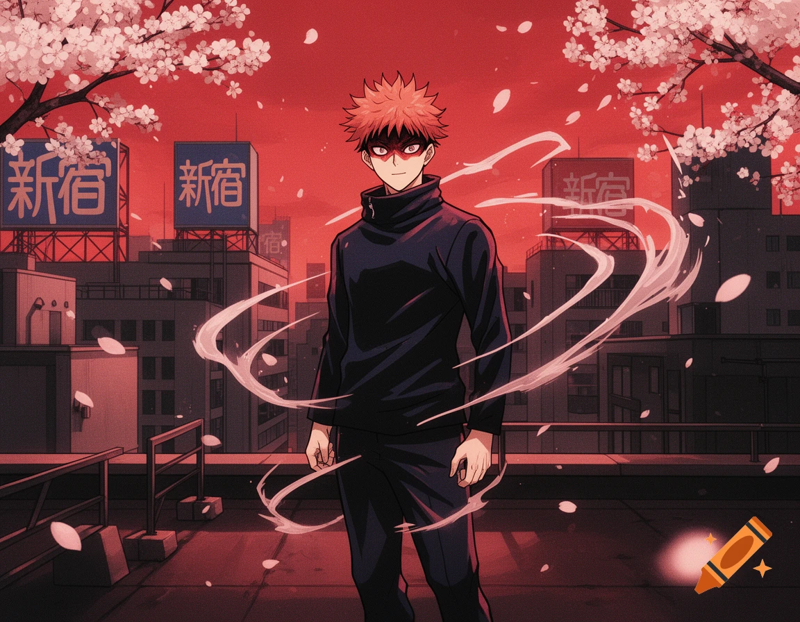 Anime character with spiky orange hair and red eyes on a city rooftop with cherry blossoms and a red sky.