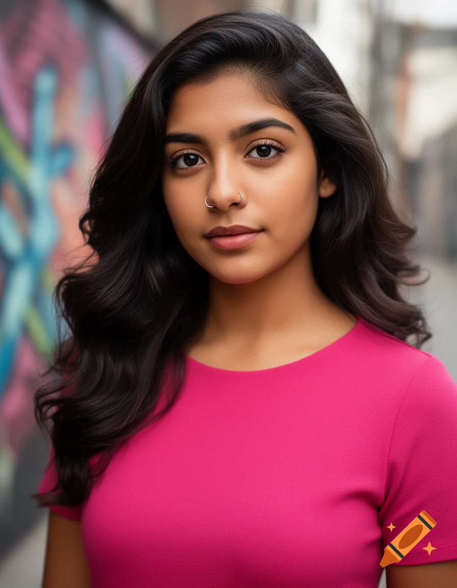 Photorealistic portrait of a young woman with dark wavy hair and a septum piercing, wearing a pink top, against a blurred background.