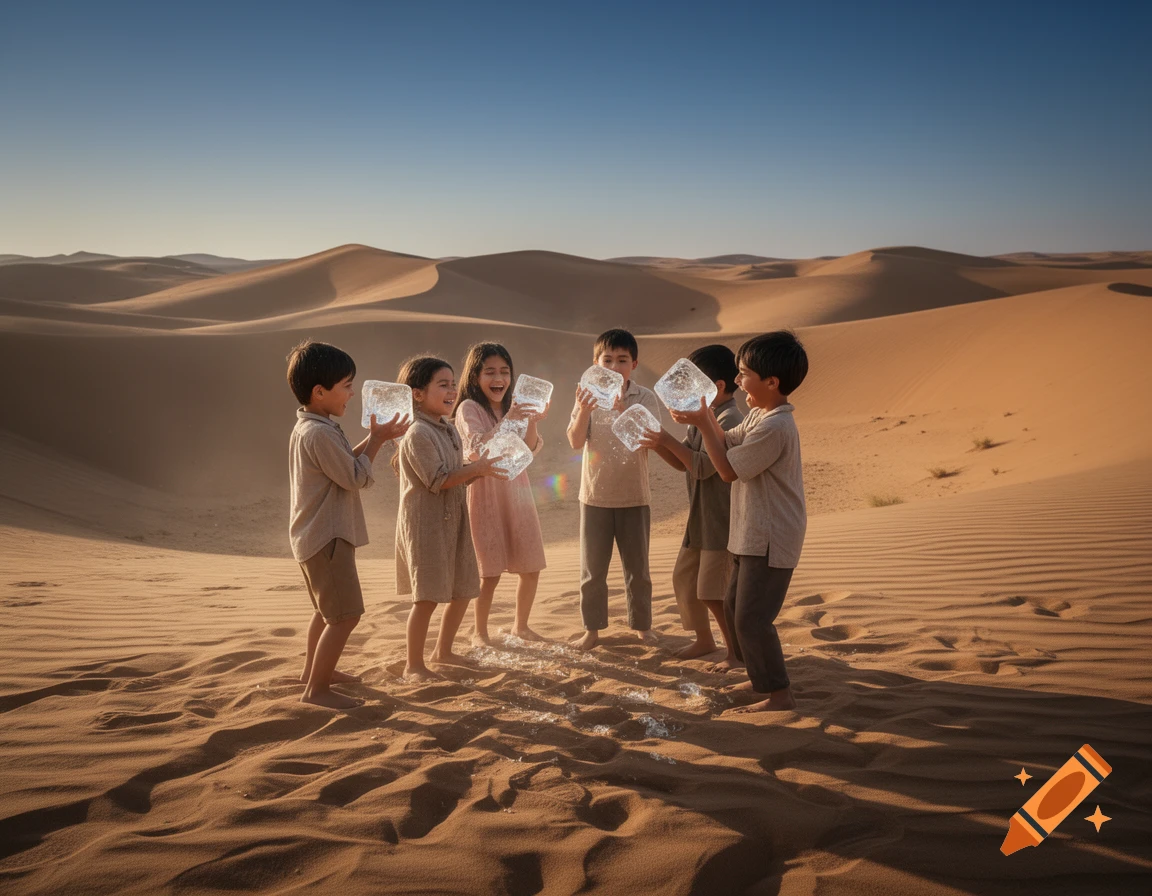 Six happy children stand in a sunny desert with sand dunes, holding and playing with melting ice cubes.
