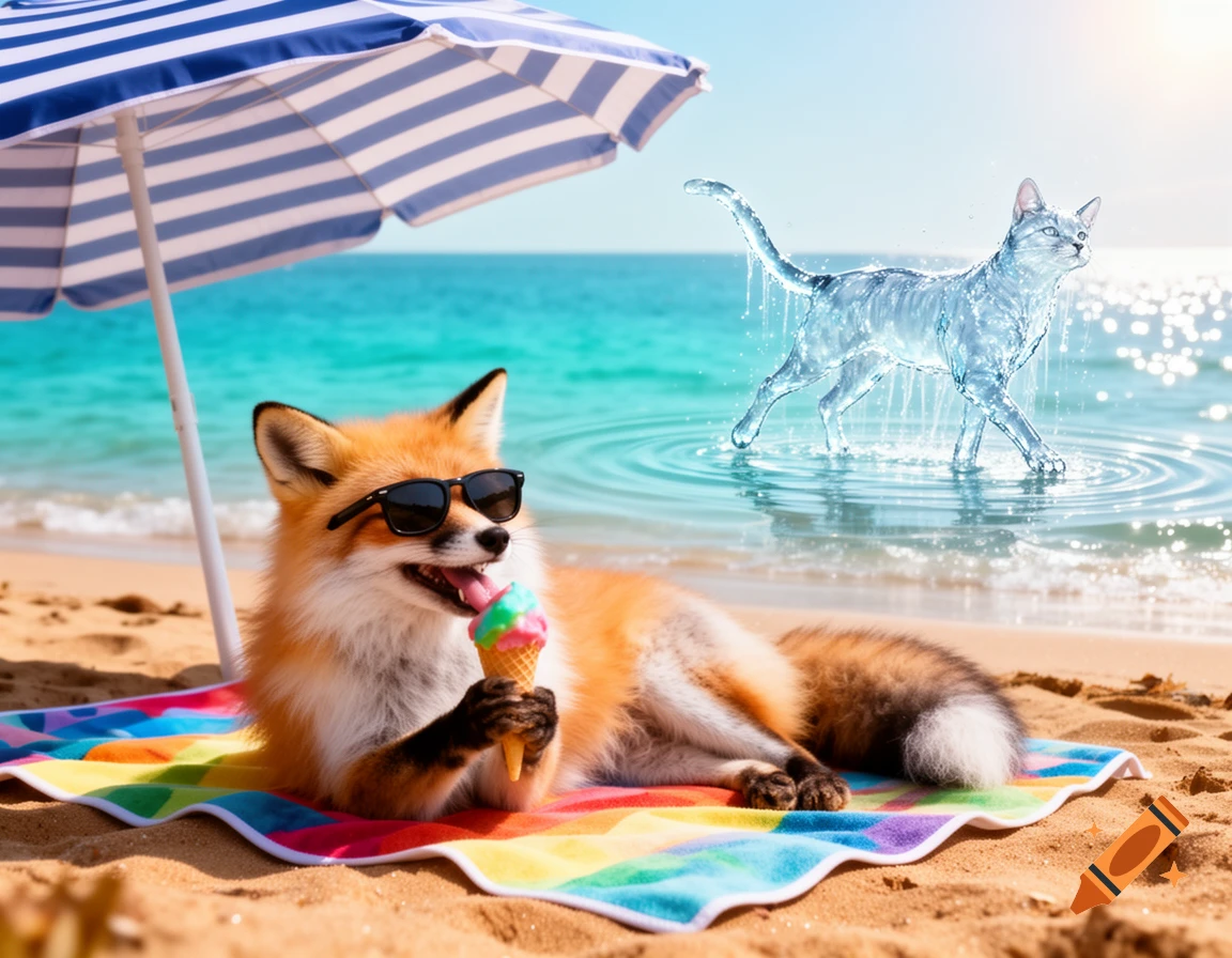 A fox in sunglasses eats ice cream on a beach towel under an umbrella, with a translucent water cat walking in the turquoise sea.