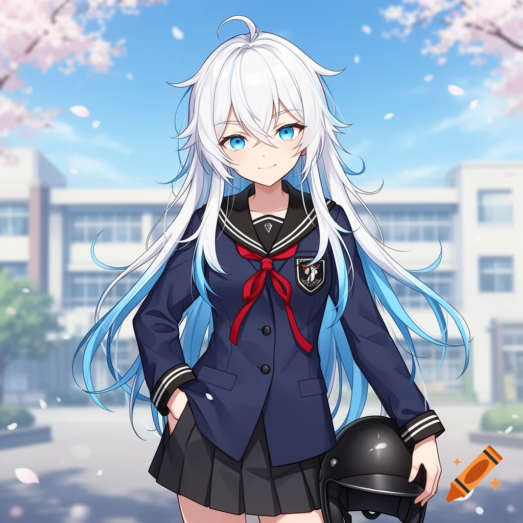 Anime schoolgirl with long white and blue hair, blue eyes, smiling in a navy uniform, holding a black helmet.