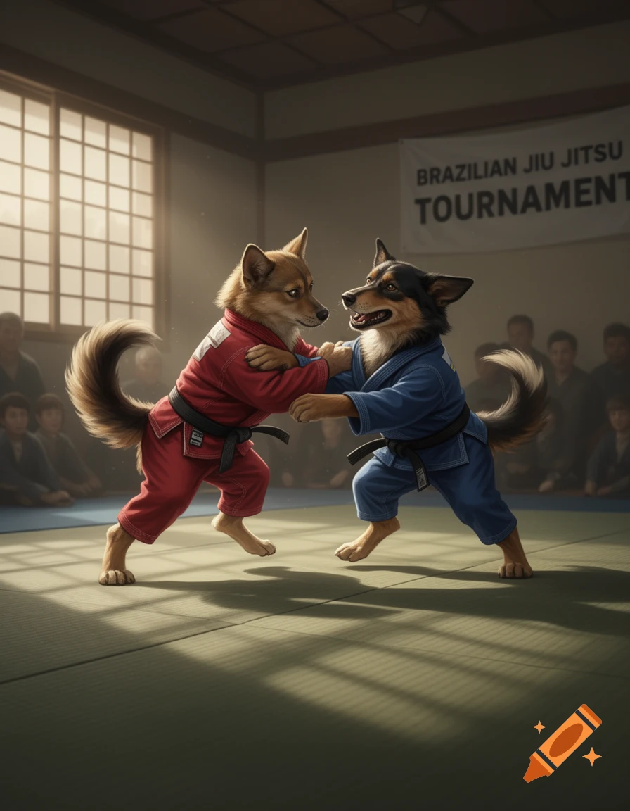 Two anthropomorphic dogs in red and blue gis grapple on a mat during a Brazilian Jiu-Jitsu tournament, with spectators in the background.