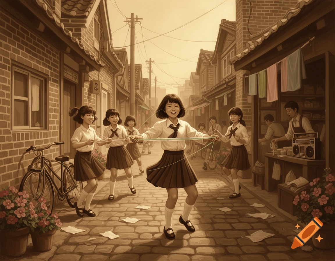 1970s Korean elementary school girls playing with a rubber band rope in a sepia-toned alley among brick buildings.