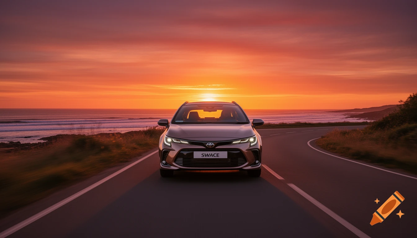 A dark brown car, labeled "SWACE," drives on a winding coastal road towards the viewer, under a vibrant orange and red sunset over the ocean.